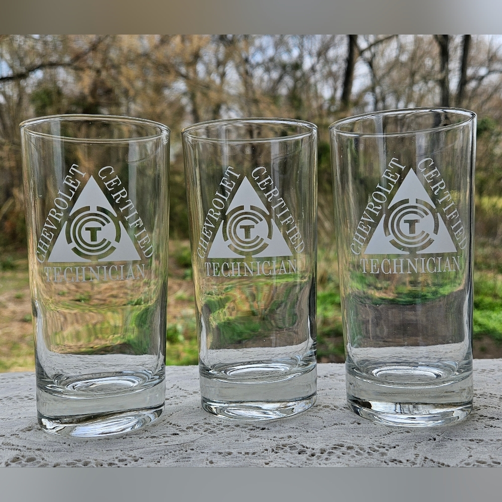 3 Vintage Chevrolet Themed Glass Tumblers Certified Chevrolet Technician Glasses